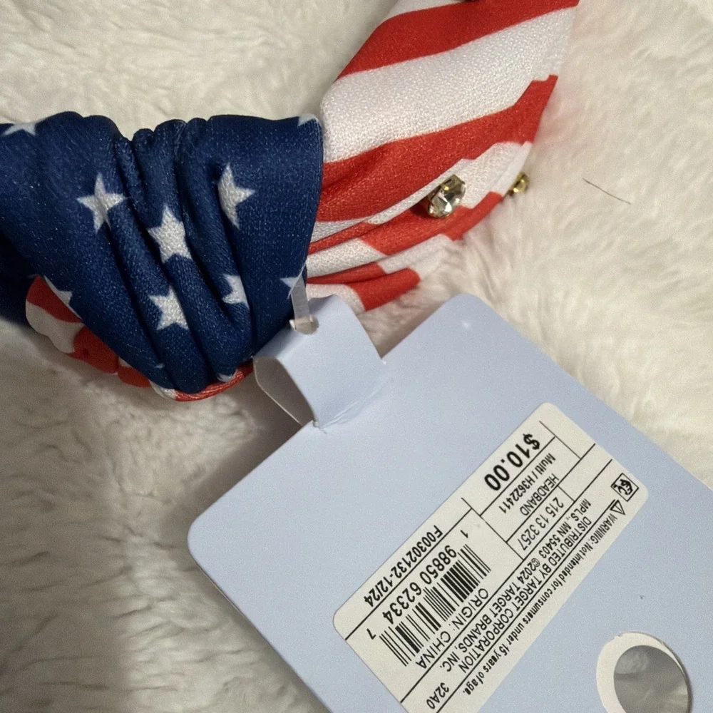 Patriotic American Flag Knot Headband Rhinestone Stars & Stripes Red White Blue